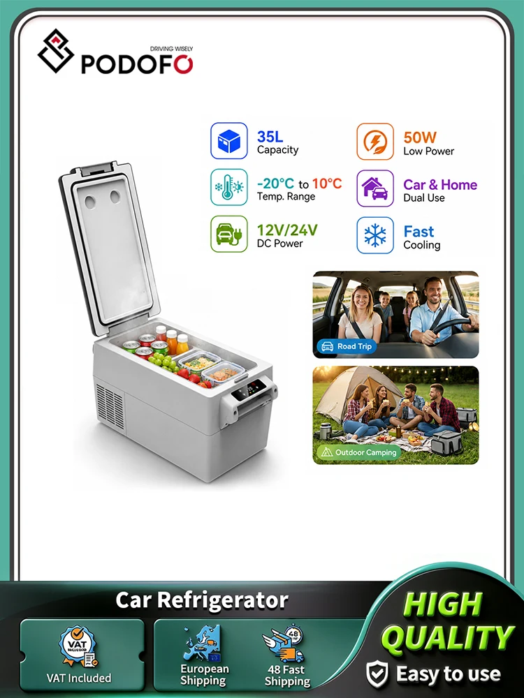 Podofo 35L 45L 55L Auto-Kühlschrank Mini-Kühlbox Kommerzielle Kühlschränke Stoßfest -20 ° C bis 10 ° C Tragbarer Kompressor-Kühler 12/24V DC Kühlbox mit Smart-Touchscreen für Fahrzeug, LKW, Wohnmobil,