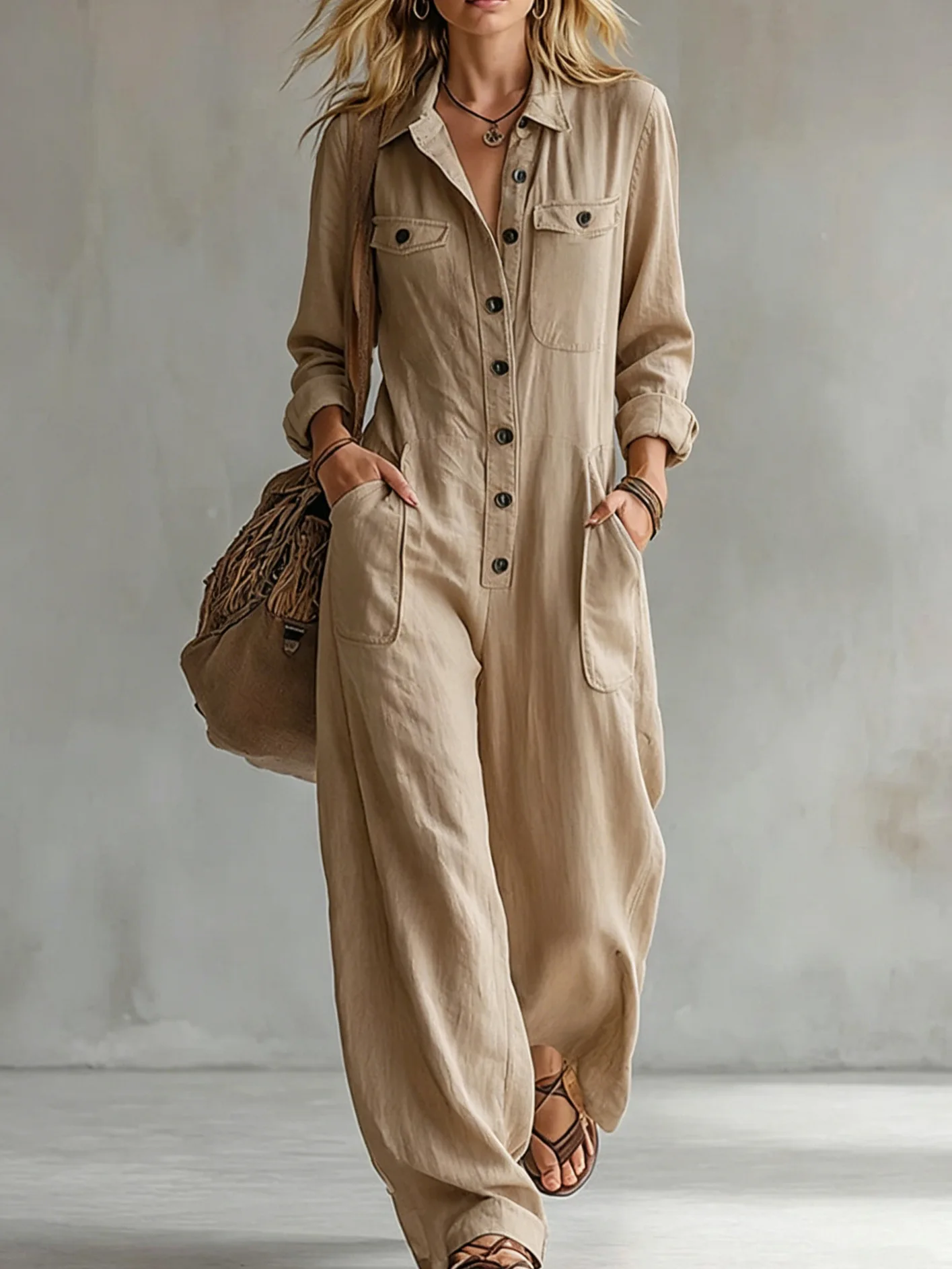 MsChuh Women's Work Jumpsuit 2026 Autumn New Fashion Linen Single Breasted Double Pocket Casual Loose Vacation Female Rompers
