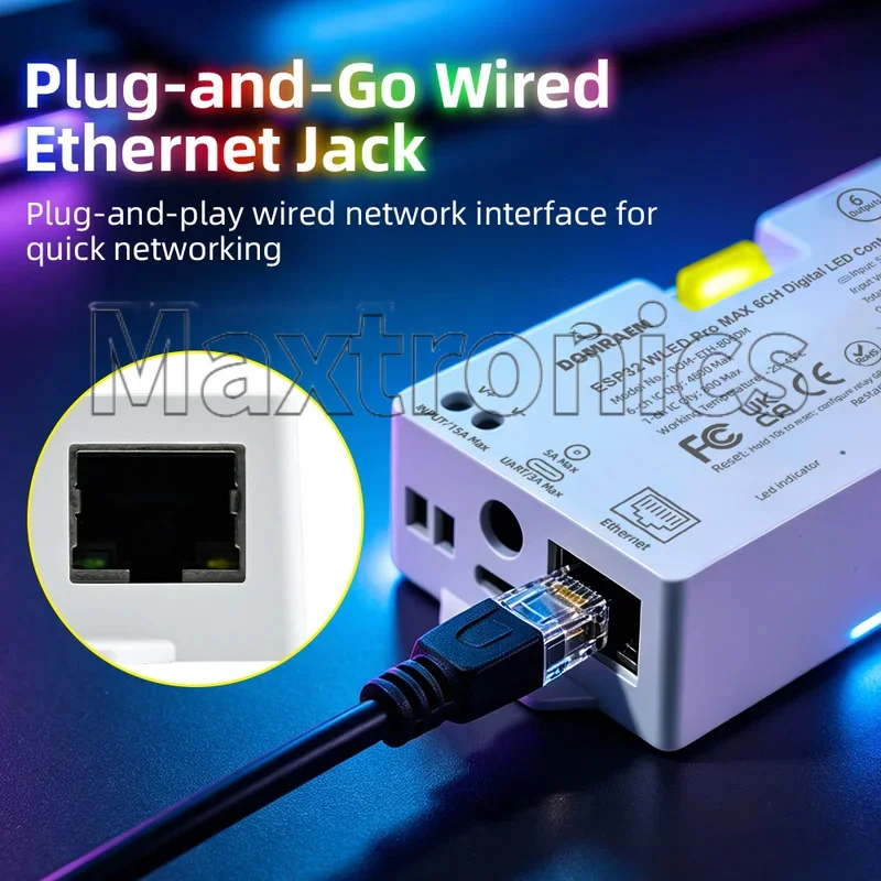 DOMRAEM ESP32 WLED Pro MAX 6CH Digital LED Controller with Mic Ethernet WiFi UART PDM Relay Music Sync WS2812B SK6812 LED Strip