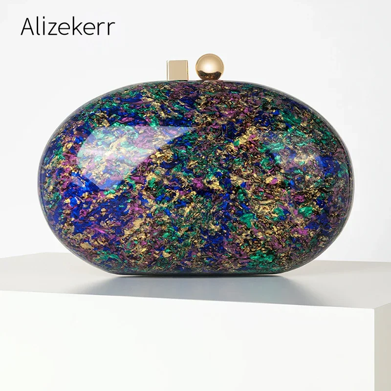 Oval Acrylic Evening Clutch Bags Women Luxury Elegant Boutique Acrylic Chain Colour Sequined Purses And Handbags Wedding Party