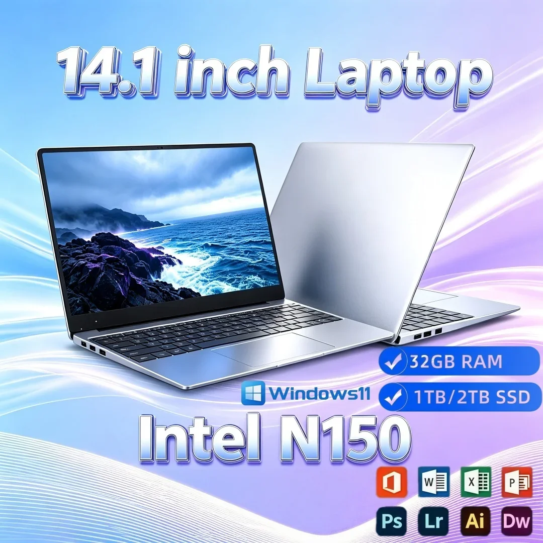 Intel Core N150 High Performance Ultra Slim Laptop 14.1 Inch 16/32GB RAM 1/2TB BIG SSD Bright Windows11 Portable Office Study
