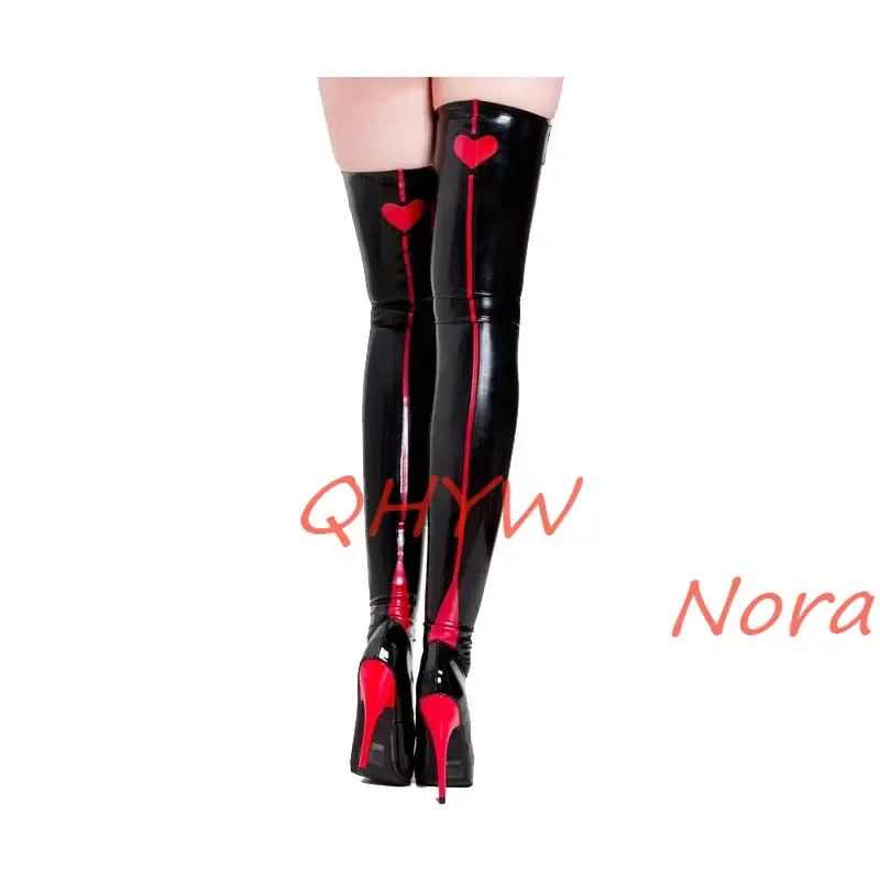 Handmade Latex Stockingg Red Heart Shape with Black Rubber Long Tight Socks for Women Wear with Dress Cosplay Costumes