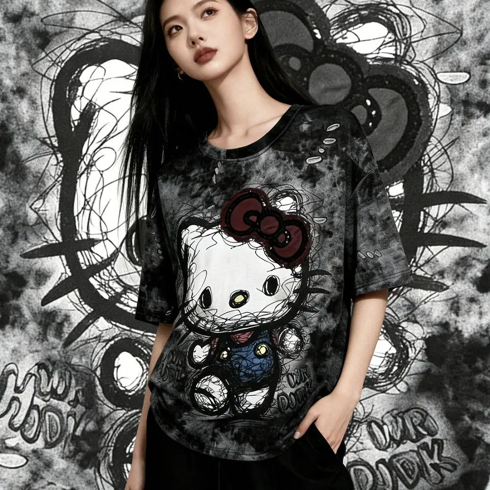 

New Heavy Industry Cartoon Printing Loose Versatile Cool Graffiti Style Short Sleeve T-Shirt, Casual Trendy Streetwear for Daily