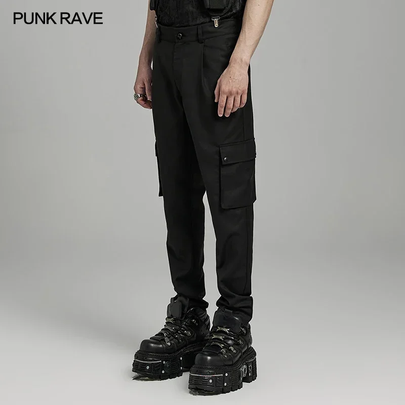 PUNK RAVE Men's Punk Minimalist Cargo Trousers with Pockets Simple Slim Streetwear Cool Pants Men Clothing