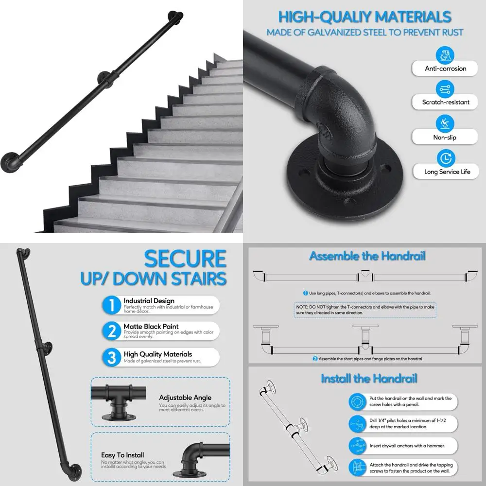 

Industrial Metal Staircase Handrail, 8 Feet Galvanized Iron Rail, Black Wall Mount Indoor Outdoor Safety Handrail