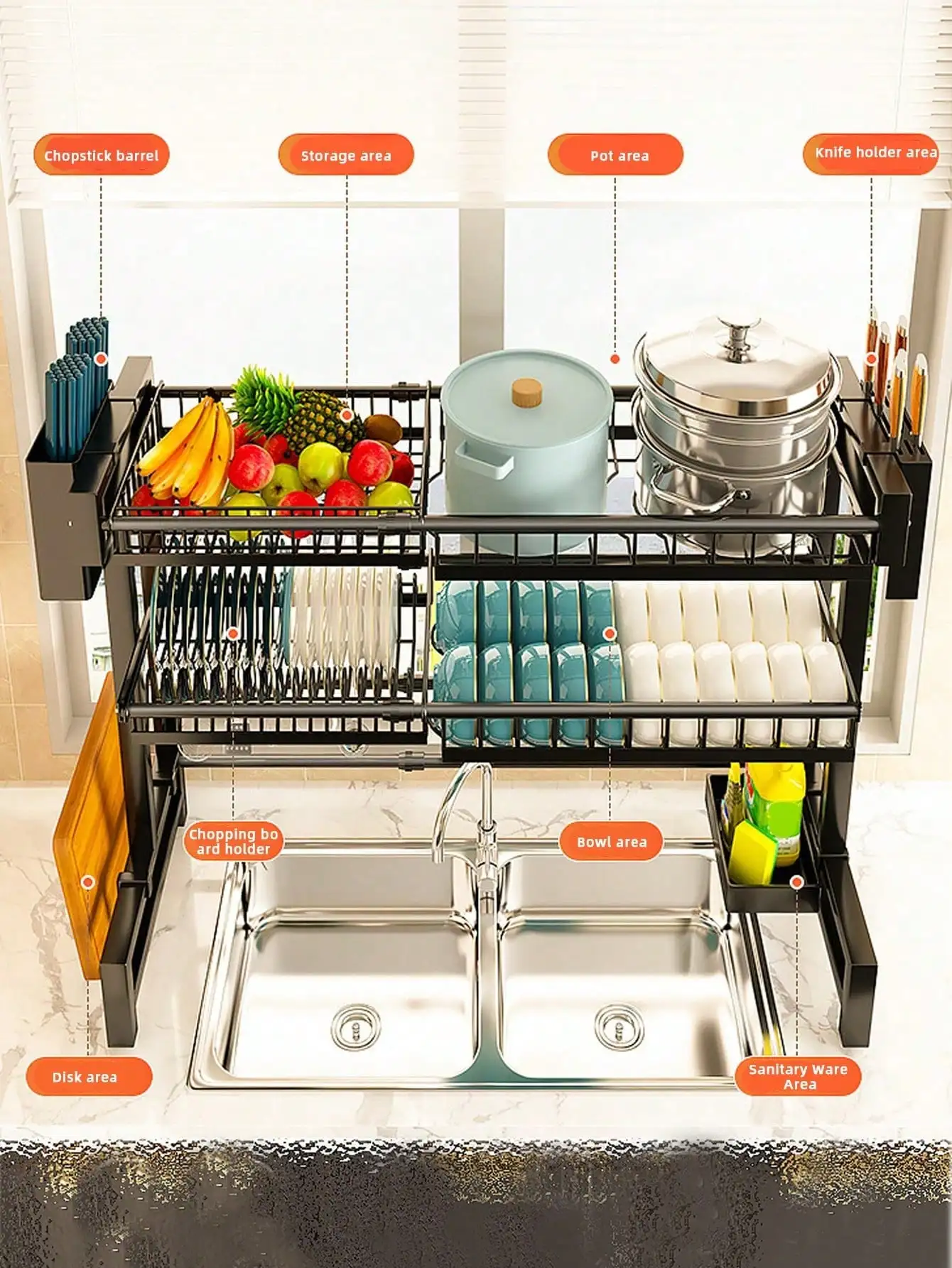 1pc 31.89in(81cm) Height. Double Layer Over Sink Dish Drying Rack Adjustable Snap-On Design 2 Tier Large Kitchen