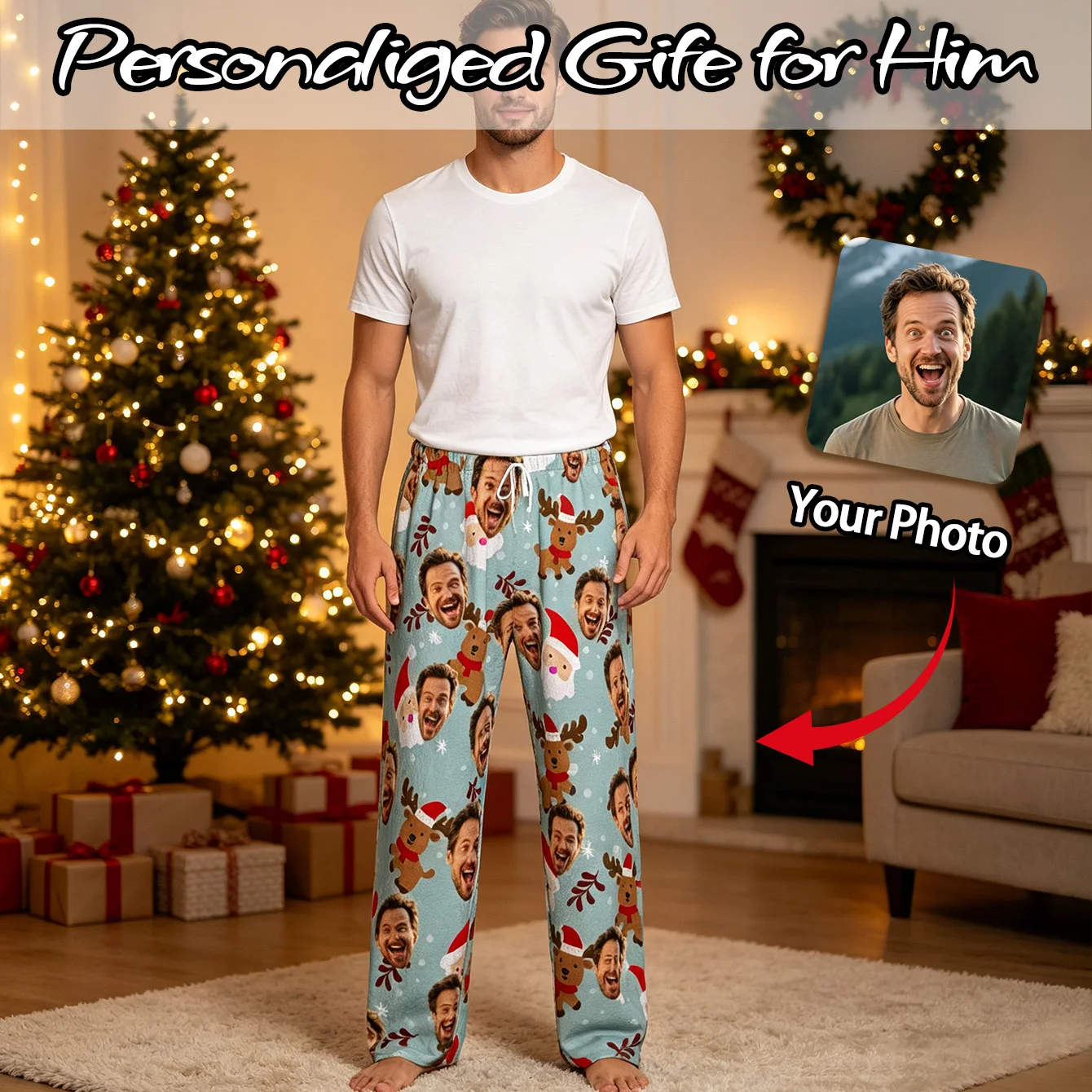 Personalized Facial Photo Customized Sleeping Pants Long Sleeved Warm Pajamas for Men And Women Fun Christmas Gift