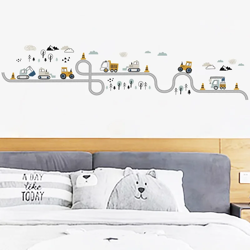 Cartoon Construction Vehicles Wall Stickers, Excavator & Truck Road Decals for Boys Nursery