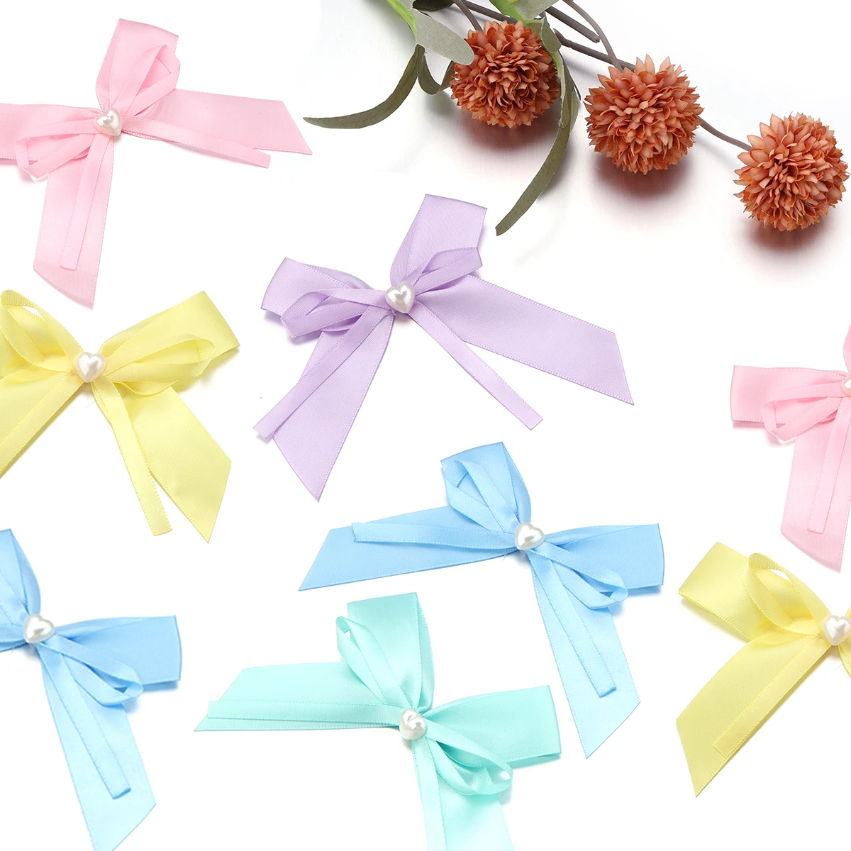 10pcs 9.5x11.5cm Double Layer Pearl Inlaid Polyester Bowknot Cute Bows Polyester Tailcoat Bow Flower For Craft Clothing Material