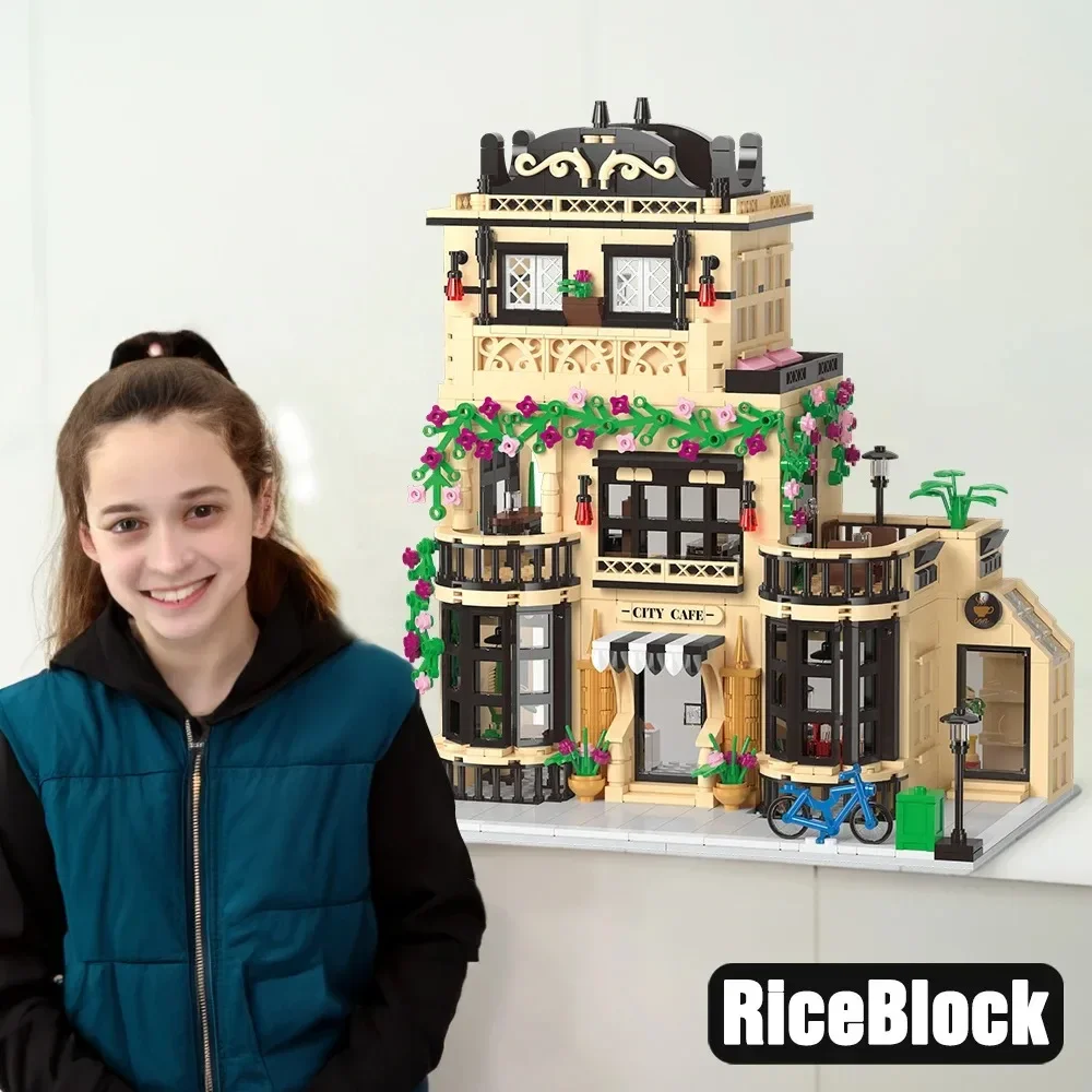 Juego de bloques de construcción City Cafe para adultos y adolescentes, cafetería, calle de ciudad, casa, juguete de construcción, 14 +,1413 piezas, Mini ladrillos con LED