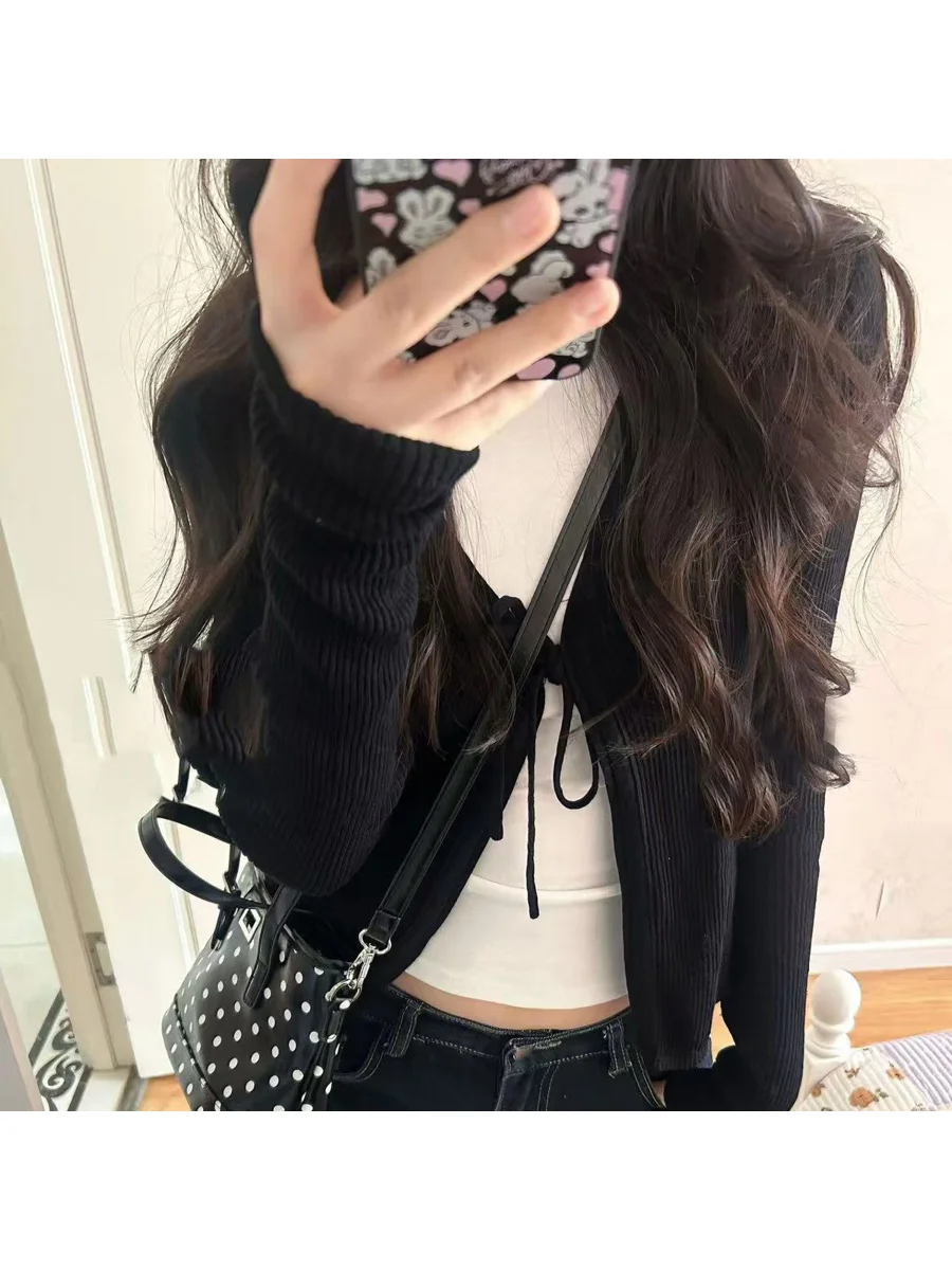 Black V-Neck Belted Long Sleeve Knitted Open Cardigan Women's Slimming Short Top Outerwear Polyester Fiber 2026 Autumn New Style