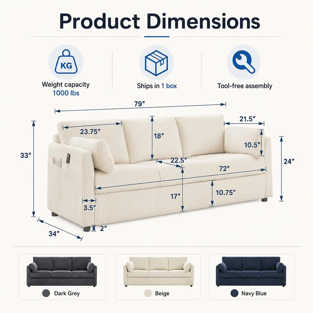 3 Seater Corduroy Sofa with Storage Pockets & 2 Pillows for Living Room Apartment Small Spaces Home Office 79