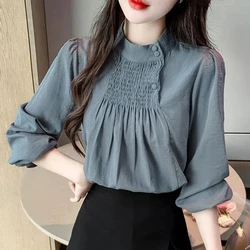 Standing Collar Pleated Long Sleeved Blouse Women Autumn Clothing Button Pullovers 2024 Autumn New Item Elegant All-match Tops