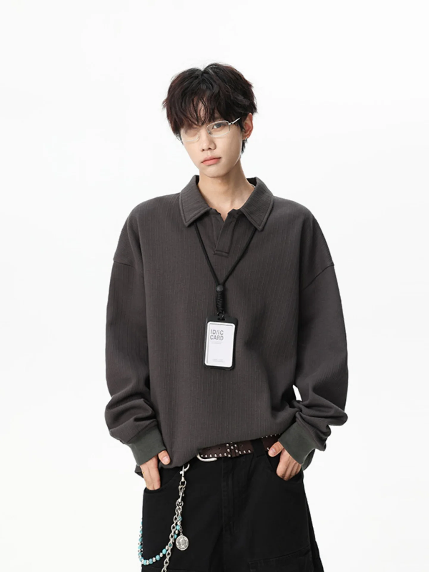 

Youthful Collar Sweatirt Men's Loose Fit Textured Embroidery Long Sve Comfortable Casual Wear Autumn Season