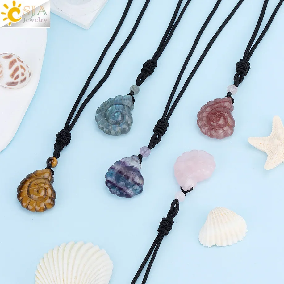 Snail Design Crystal Pendant Necklace Handmade Carved Statu Healing Spiral Conch Pendants Summer Jewelry for Women Gift H685