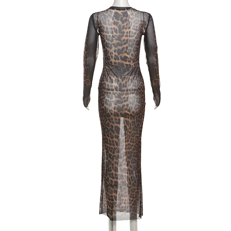 แขนยาวเสือดาวพิมพ์ชุดผู้หญิง O คอชุดยาวเซ็กซี่ Midnight Party Clubwear Vestidos ผู้หญิงแฟชั่น Retro ชุด