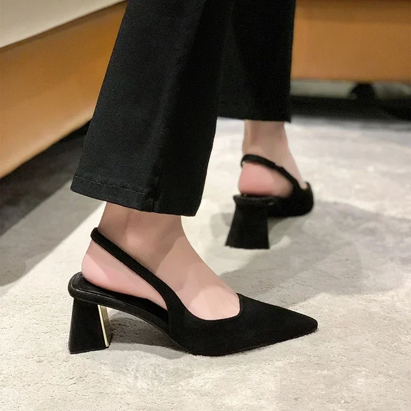 2024 Summer New Fashion Solid Women\'s Pumps Sexy Slingback Shoes for Women Square Heel Suede Pointed Toed High Heel Shoes Ladies