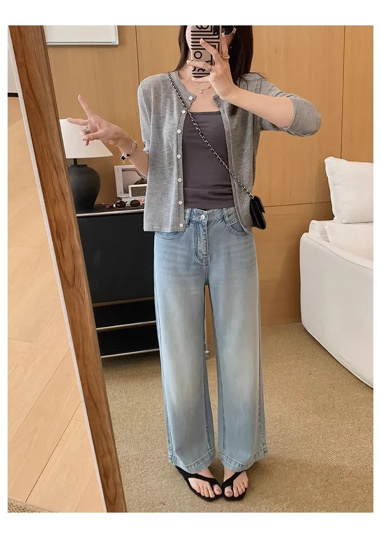 Celana Kaki Lebar Wanita Tencel Denim Pinggang Tinggi Longgar Lembut Ringan Nyaman Jeans Musim Panas