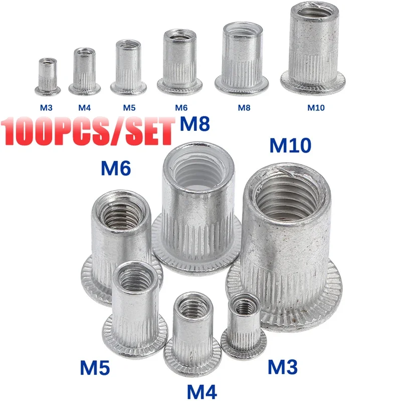 100/50/20pcs Rivet Nuts M3 M4 M5 M6 M8 M10 Aluminum Alloy Flat Head Threaded Insert Nut Rivet Cap Set Threaded Nuts