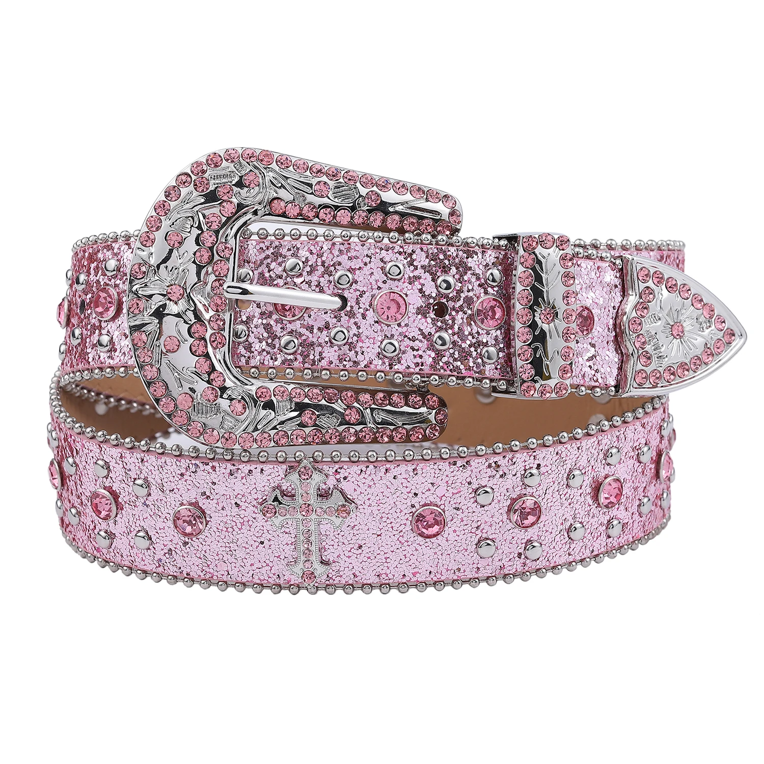 Pink cross-rivet Rhinestone belt sparkles, punk rock inlaid leather belt for men\'s jeans