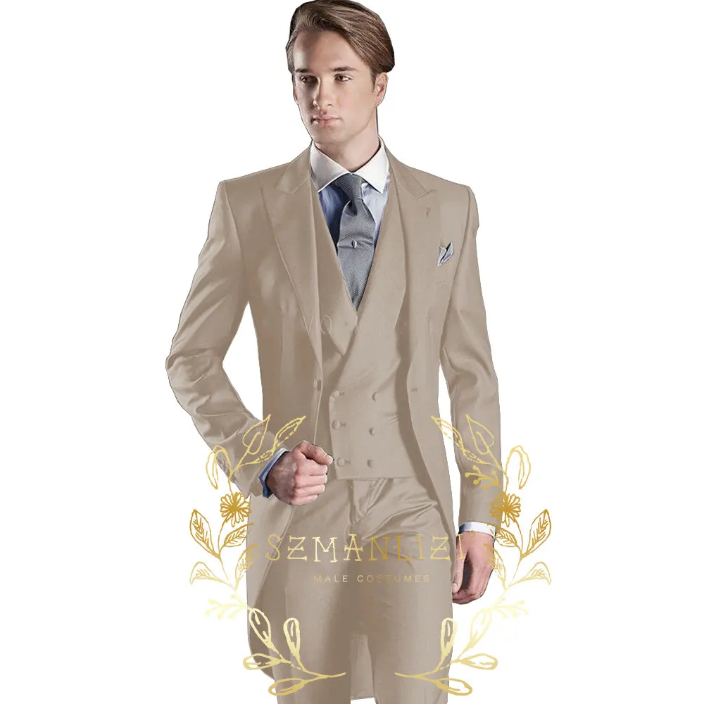 

Wedding Suit For Men Custom Made 2024 Morning Long Jacket Tailcoat 3 Pieces Men Slim Fit Suit Beige Groom Tuxedo Suit Bridegroom