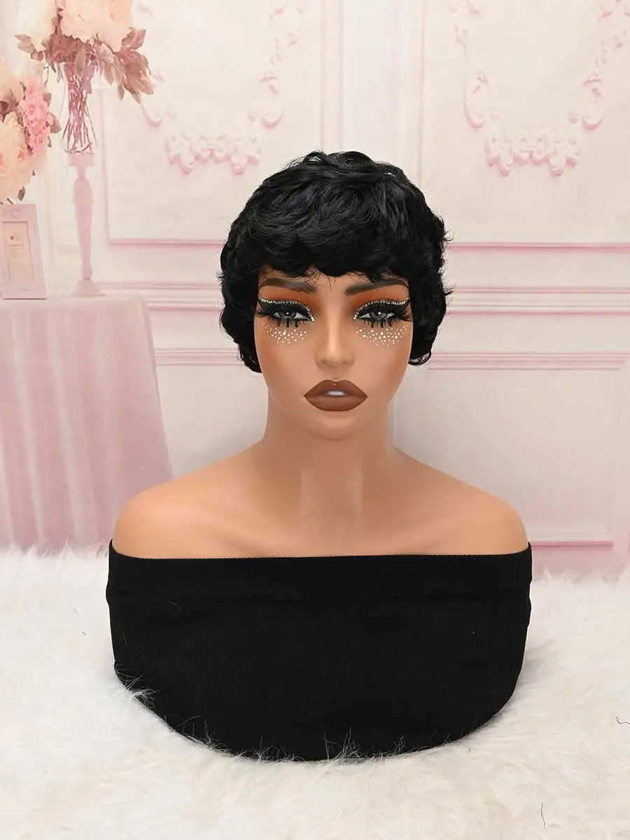 Jet Black Curly Pixie Wig Natural Wavy Bangs Heat Resistant Synthetic Short Wig Women Daily Retro Party Wig