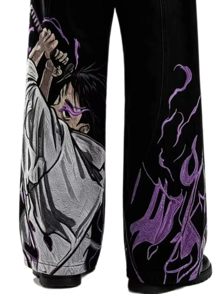 Anime Samurai Character Purple Flame Print Straight Pants Summer Quick Dry Sports Trousers Unisex Streetwear Loose Long Pants