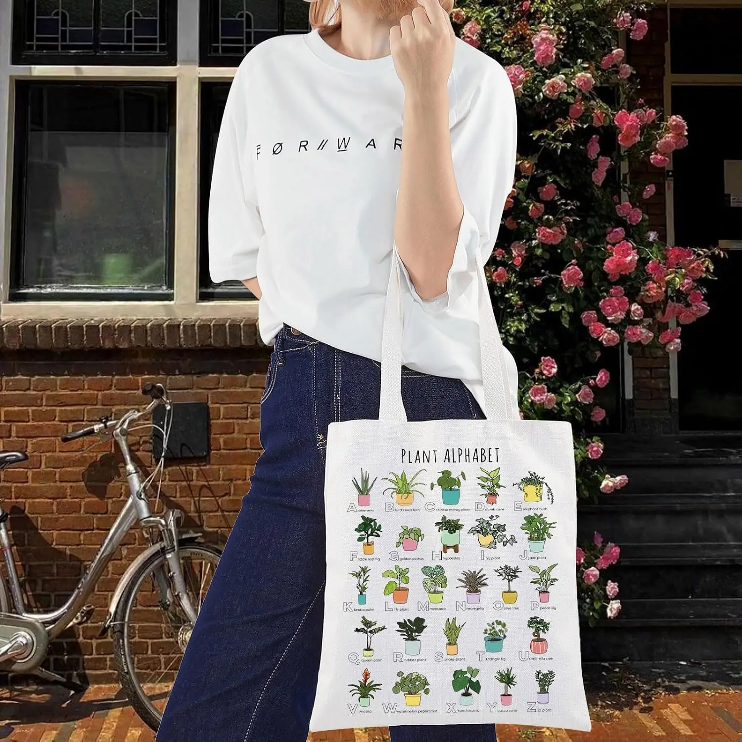 Plant Alphabet Canvas Tote Bag Houseplant A-Z Chart Print Reusable Women Shopping Shoulder Handbag For Plant Lovers