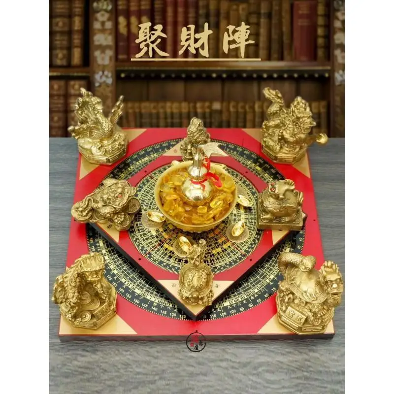 Copper wealth-attracting ornaments: golden toad, qilin, dragon, and turtle in a treasure basin, suitable for shop display or liv
