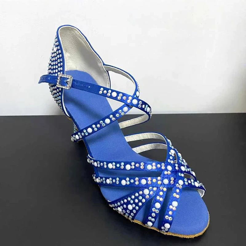 WUXIJIAO Women Blue Rhinestone Latin Dance Shoes Glitter Ankle Strap Heeled Sandals for Party Ballroom Salsa Tango