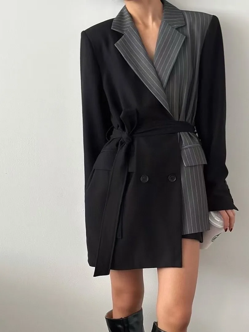 Retro Elegancja Asymetryczny Żakiet z Paskiem Damski Koreański Styl Elegancki Modny Do Pracy