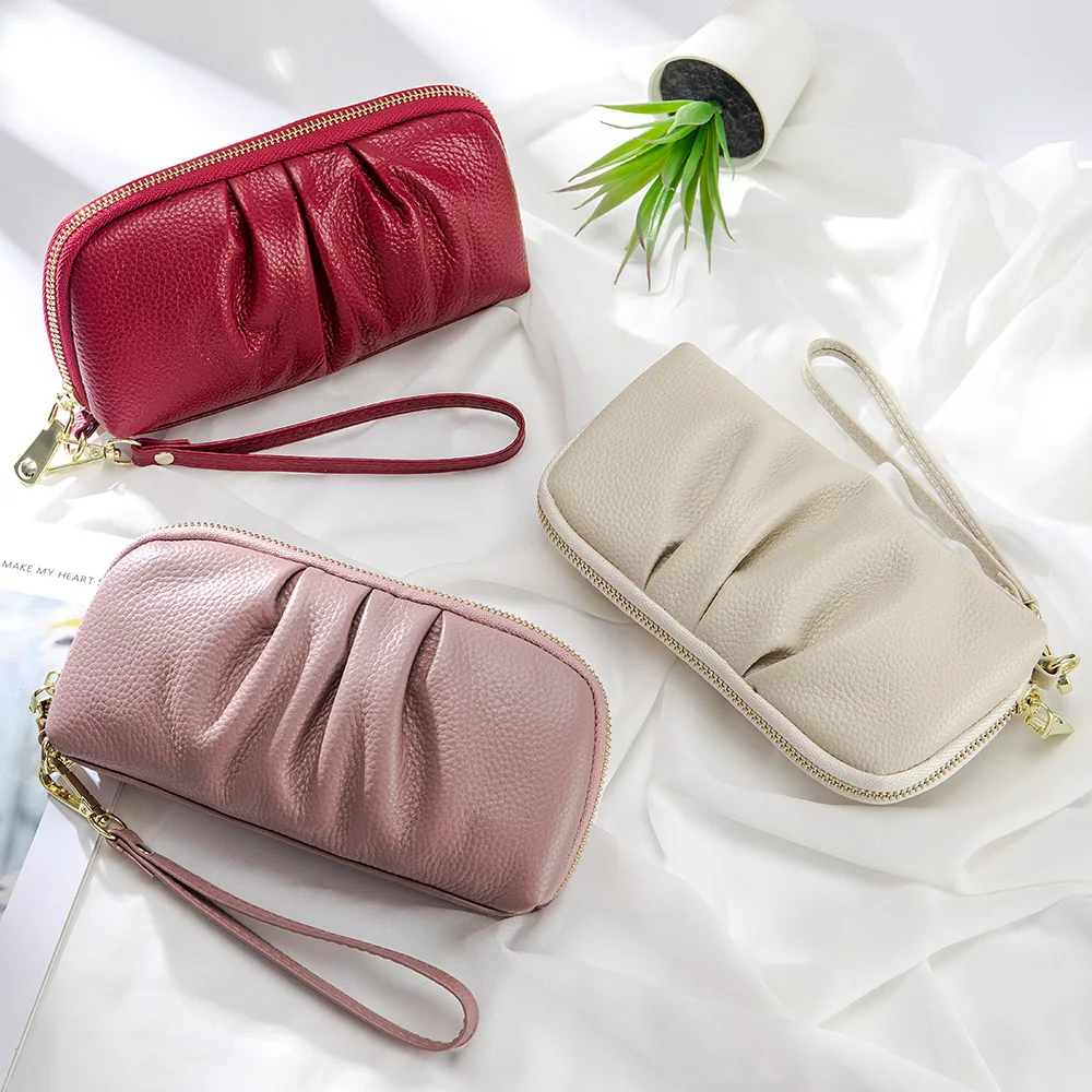 Genuine Leather Long Pleated Large Capacity Handheld Wallet Women