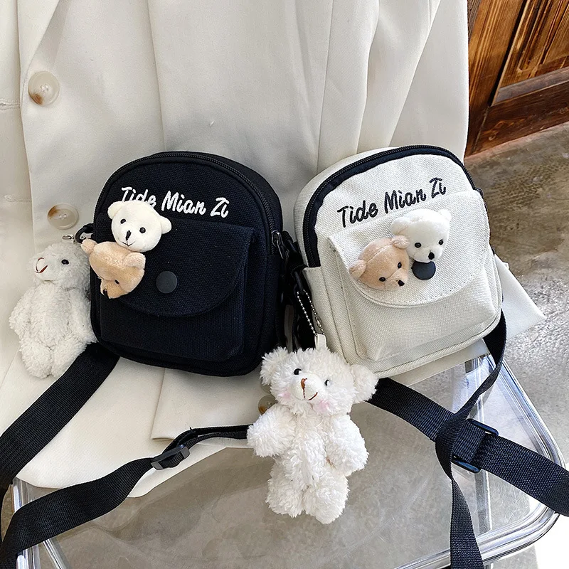 Wear-resistant canvas student cute crossbody small bag, cartoon bear pendant, Kawaii lady single-shoulder bag