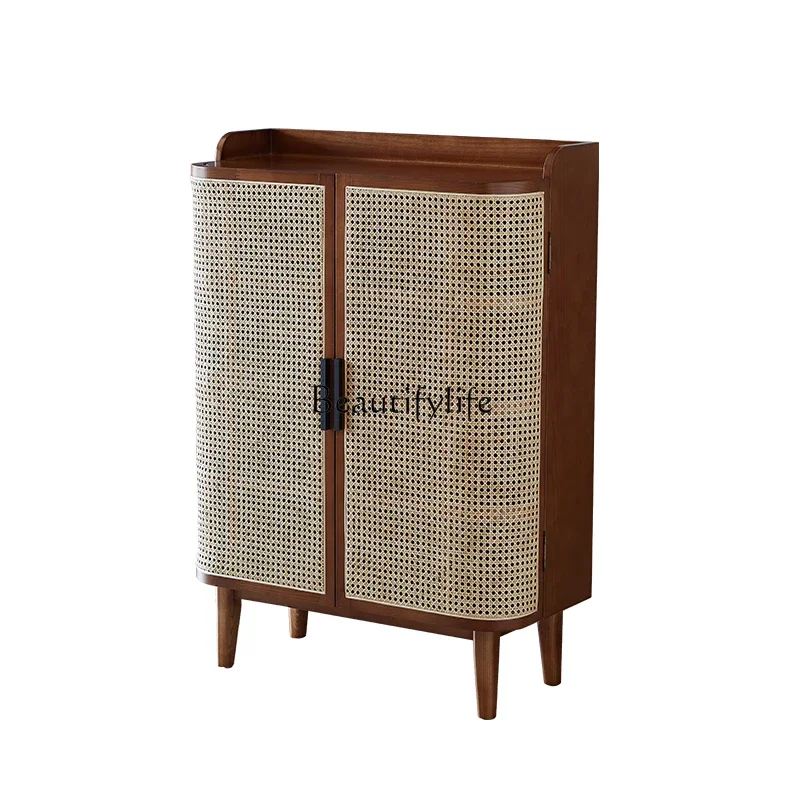 

Retro rattan solid wood entrance shoe cabinet integrated partition household living room storage locker