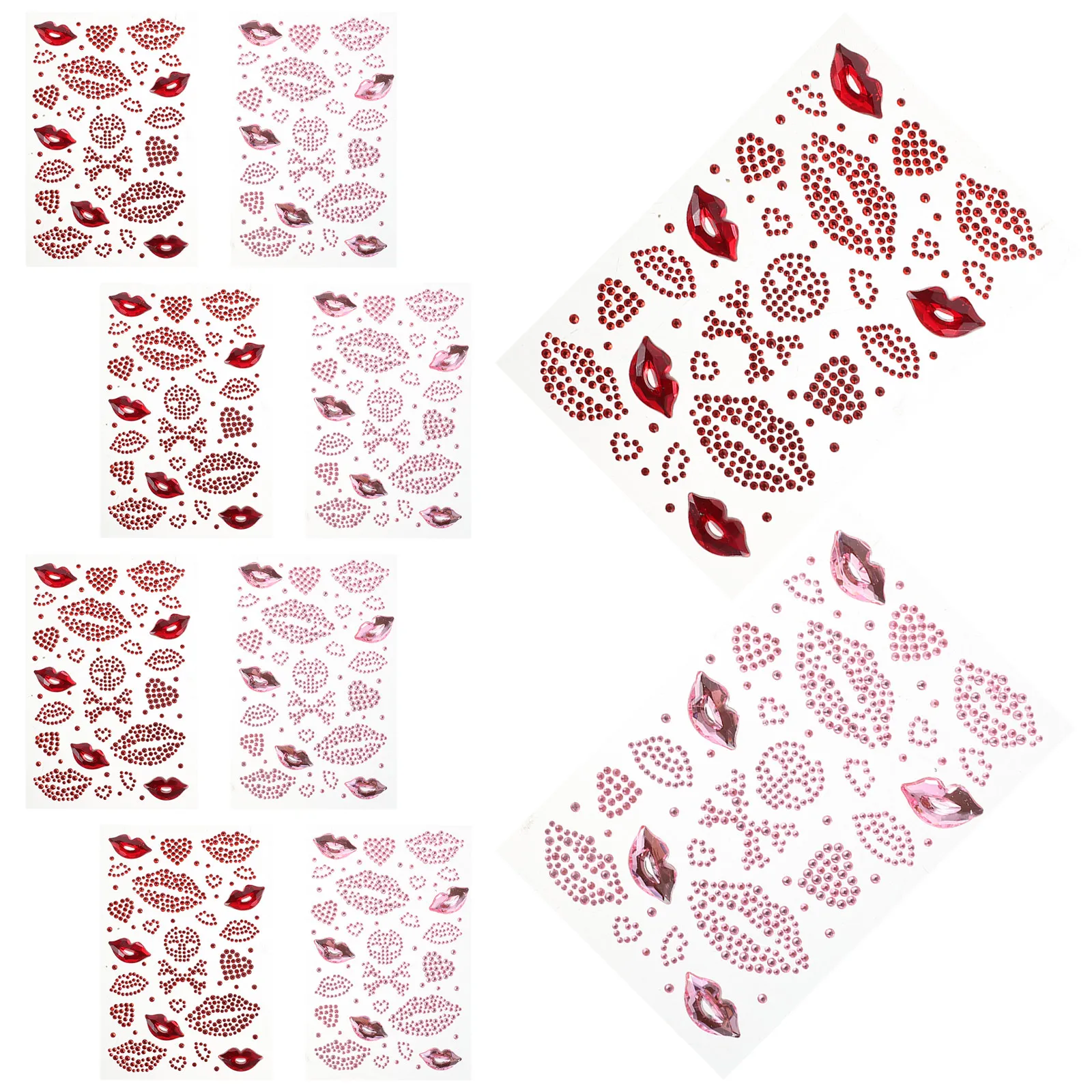 10Sheets Creative Rhinestone Lip Stickers Valentine's Day Heart Kiss Tattoo Self-Adhesive Face Nail Scrapbooking Decorative