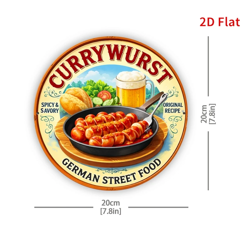 2D Flat, 1pc [2Dfalt] Currywurst German Street Food Sign - Retro Round Wall Decoration Ideal for Bars, German-Themed Eateries &