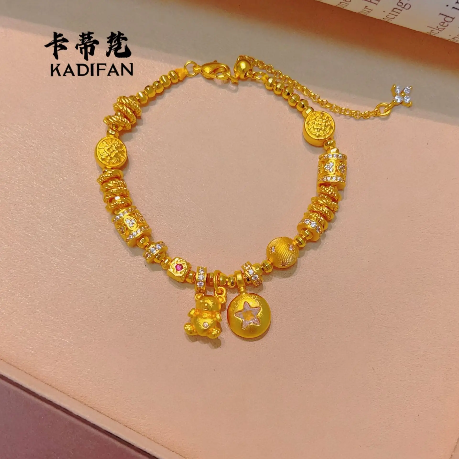 Viora Jewelry Luxury 9999 24K real gold dot diamond love little bear star beam fortune bead carpet women's ancient method treasu