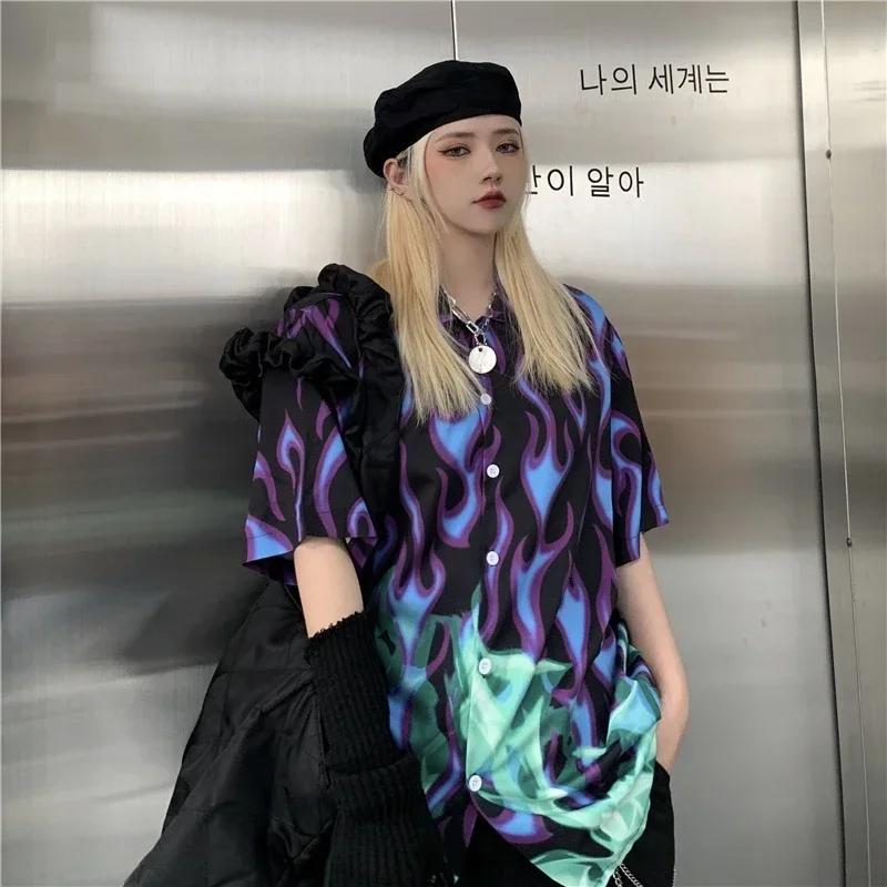 DAYIFUN-Women and Men Flame Print Gothic Blouses Harajuku Tops Short Sleeved Shirts Female Streetwear Summer Unisex Lapel Blusas