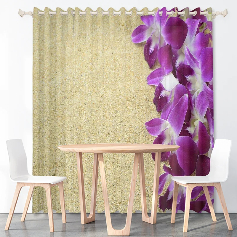 Summer Sunset Beach Background Curtain Ocean Island Waves Custom Thin Polyester Fabric Bedroom Office Decoration Home with Hooks