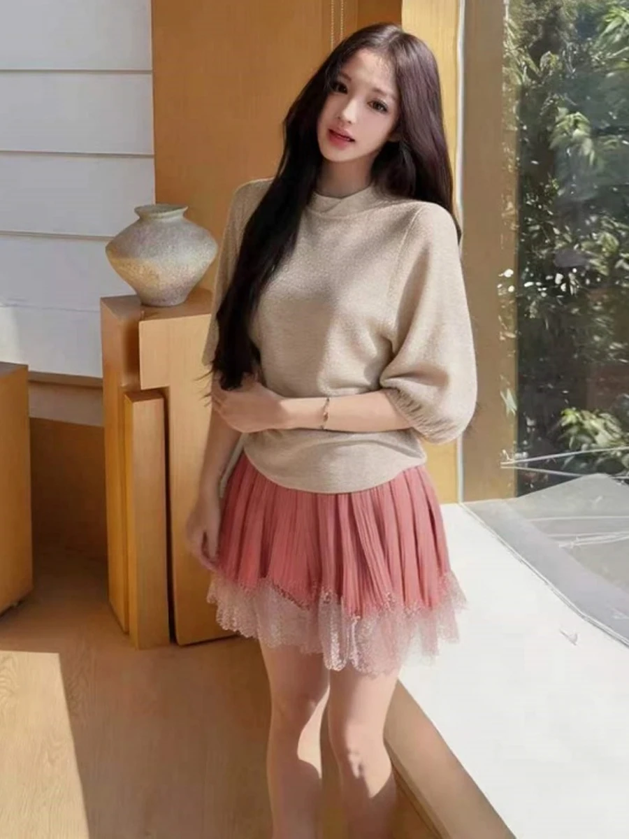 Fashionable Knitted Slim Fit Top And High Waist Skirt Two Piece Set Half High Collar Mixed Seven Sleeve Bodice Gathered Waist