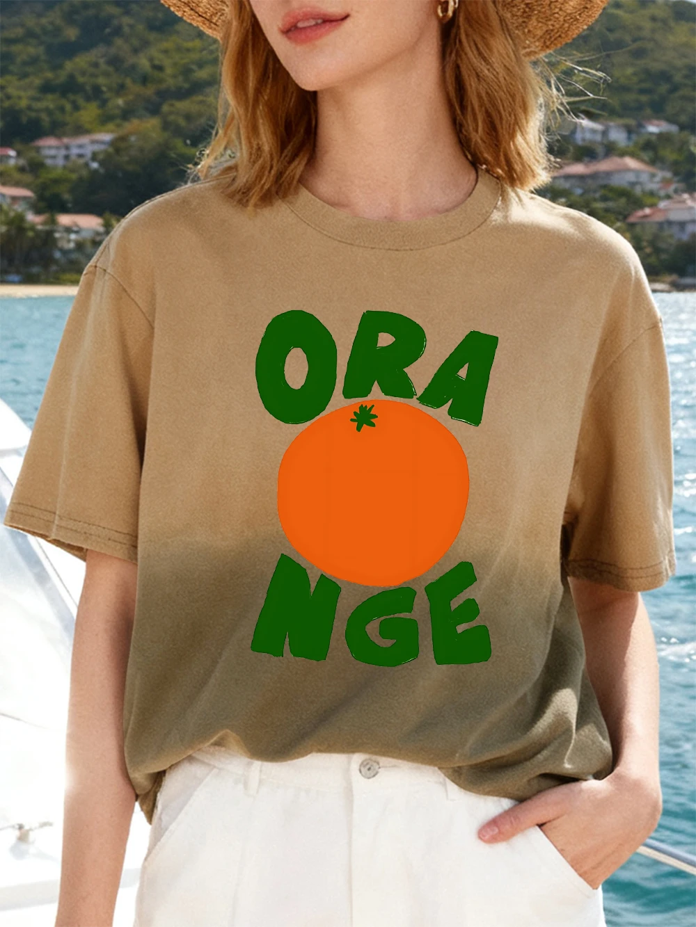 

A Big Orange Here Printed Womens Gradient Dye T-Shirts Summer O-Neck Tops Oversized Short Sleeve Trend T Shirts Soft Clothes