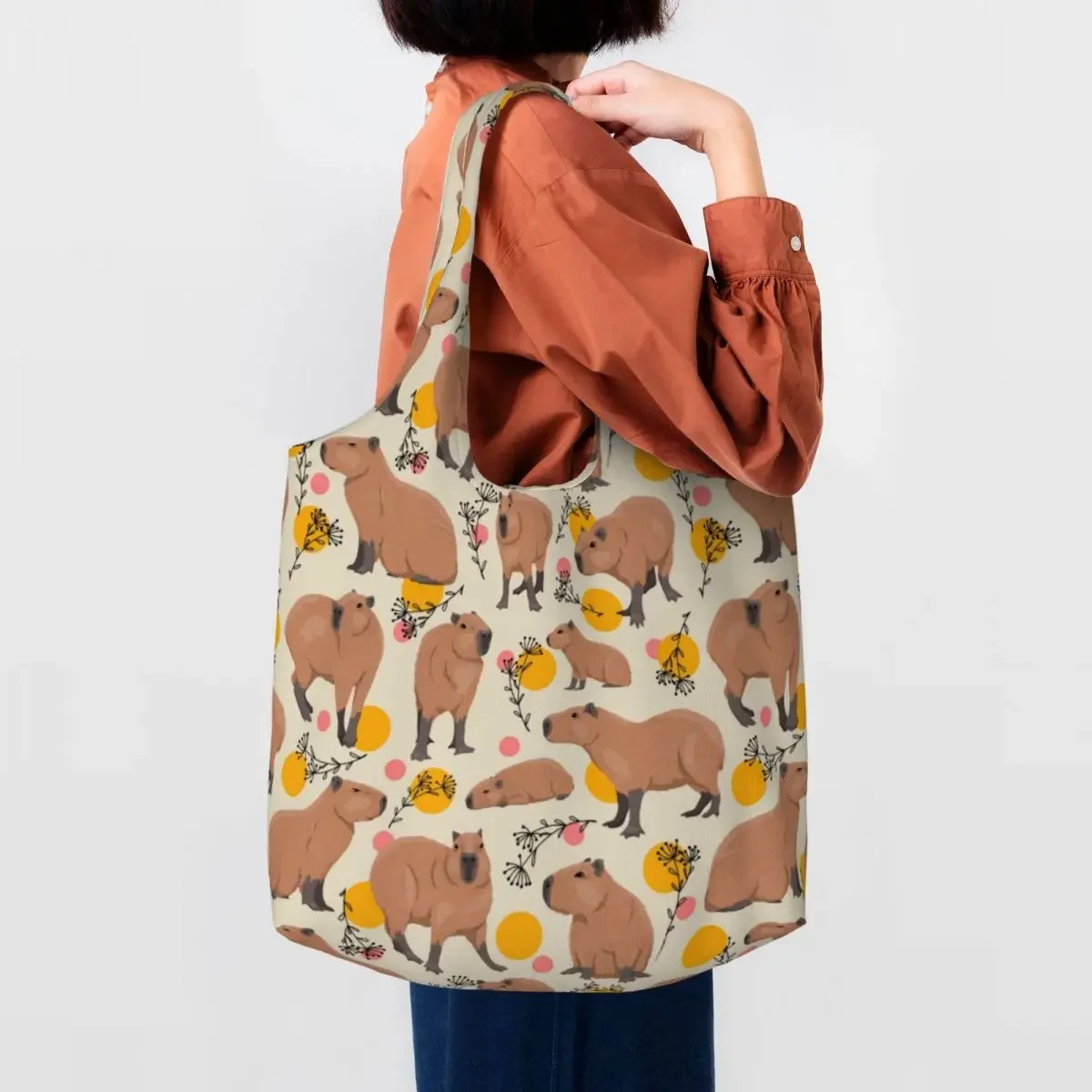 

Recycling Capybaras Doodle Plants Pattern Shopping Bag Women Shoulder Canvas Tote Bag Washable Grocery Shopper Bags