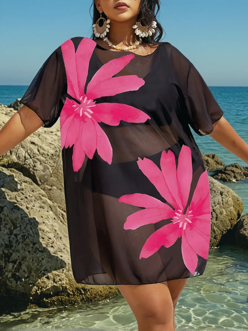 MOXDO Plus-Size Cover-Up Dress: Fashionable, Casual, Beach Vacation Style with Floral Print—Perfect for the Beach, Pool,