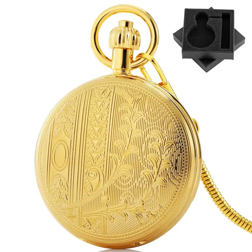 Gold Copper Carved Flower Pattern Automatic Mechanical Pocket Watch with Roman Numerals Dial Fob Chain Pendant Clock Gift Men