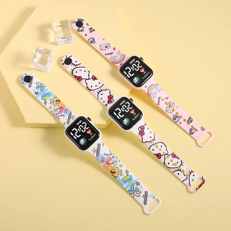 Hello Kitty Cartoon Printed Button LED Electric Watch Teenager Fashion Personality Stitch Printed Square Electronic Watch