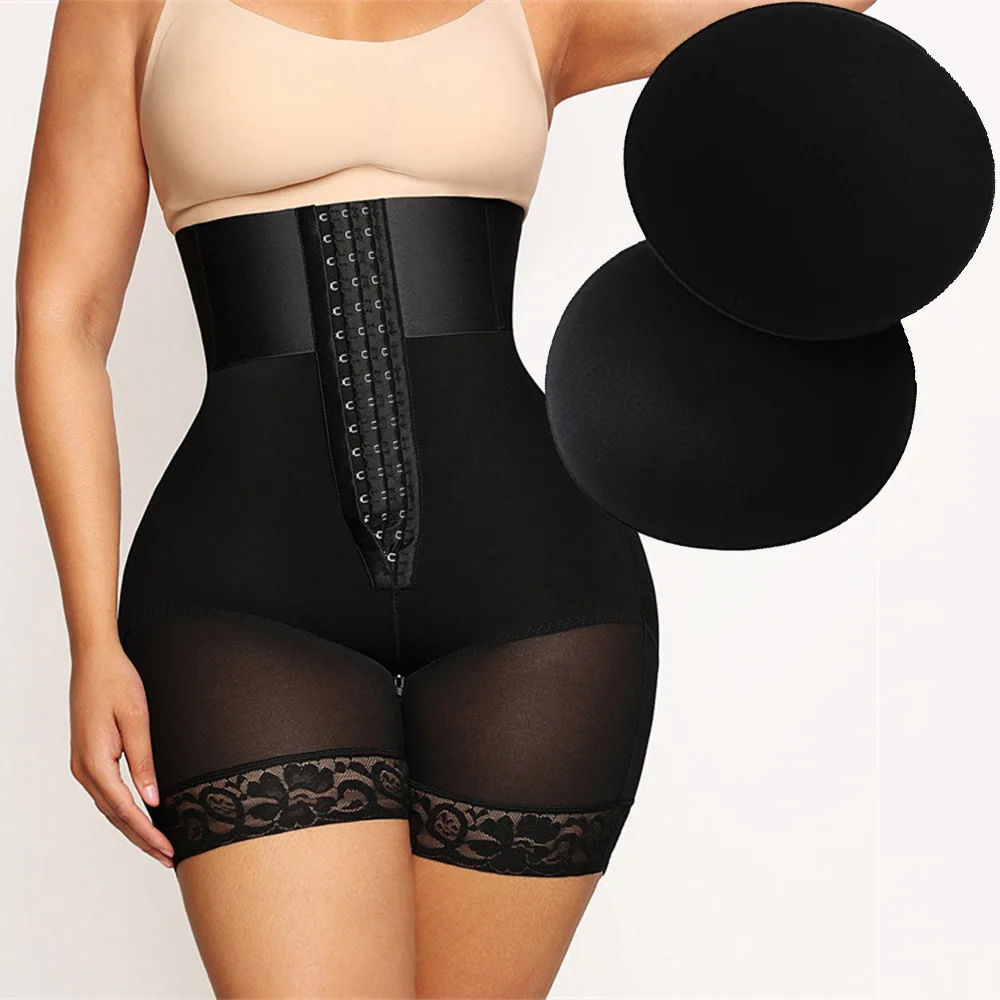 Women High Wasit Compression Faja With 2pcs Pads Butt Lifter Fake Removable padded Tummy Control Butt Lifter Shapewear