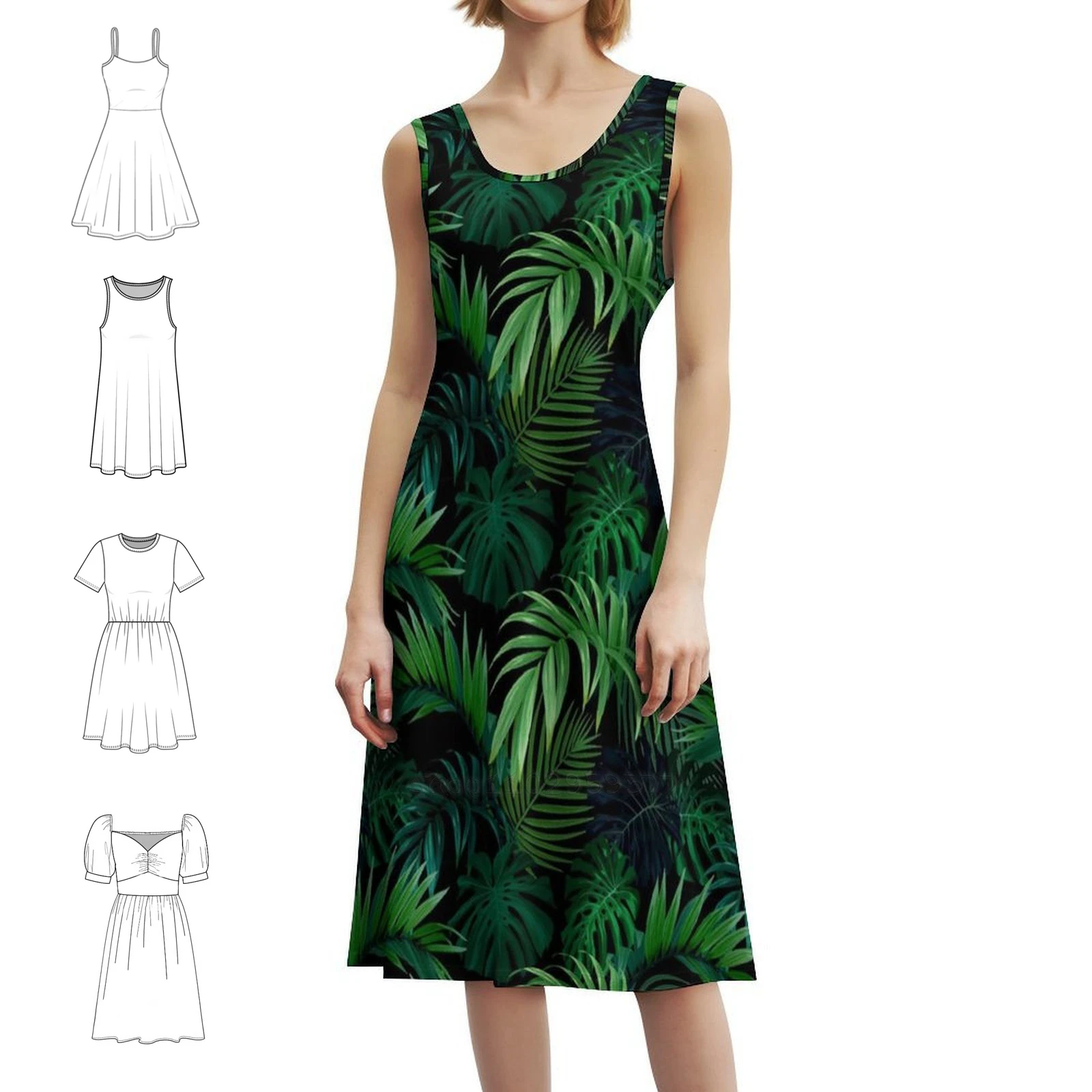 فستان بوهيمي بدون أكمام بأوراق الغابة للنساء مطبوع عليه فساتين حفلات الشاطئ Monstera Palm Leaf أخضر عتيق للنساء #1