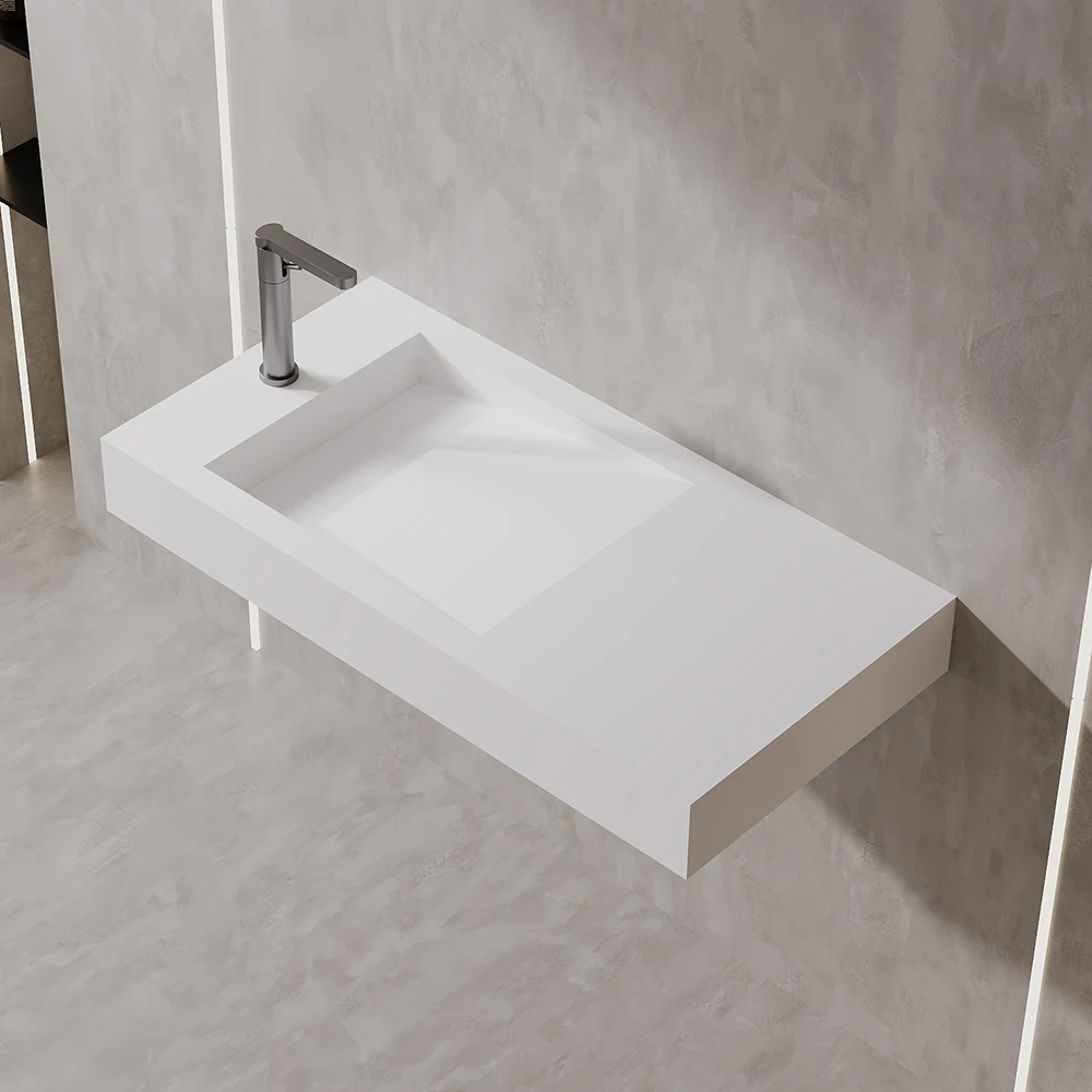 Custom Solid Surface Vanity For Hotel Bathrooms Modern High-End Rectangular Stone Wash Basin Wall-Hung Flexible Size Hand Wash