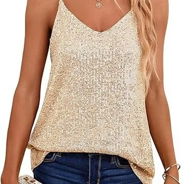 New Style Amazon Europe DrapedLoose-Fit Sequins V-Neck Sleeveless Casual Sequins Deep V Tank Top For Women Fashion