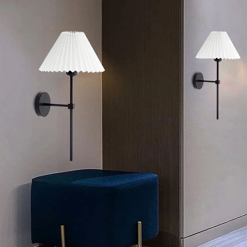 Nordic Fabric Wall Lamp Living Room Corridor Indoor Lighting Hotel Bedroom Bedside Decor Lamp E27 Retro Pleated Wall Light